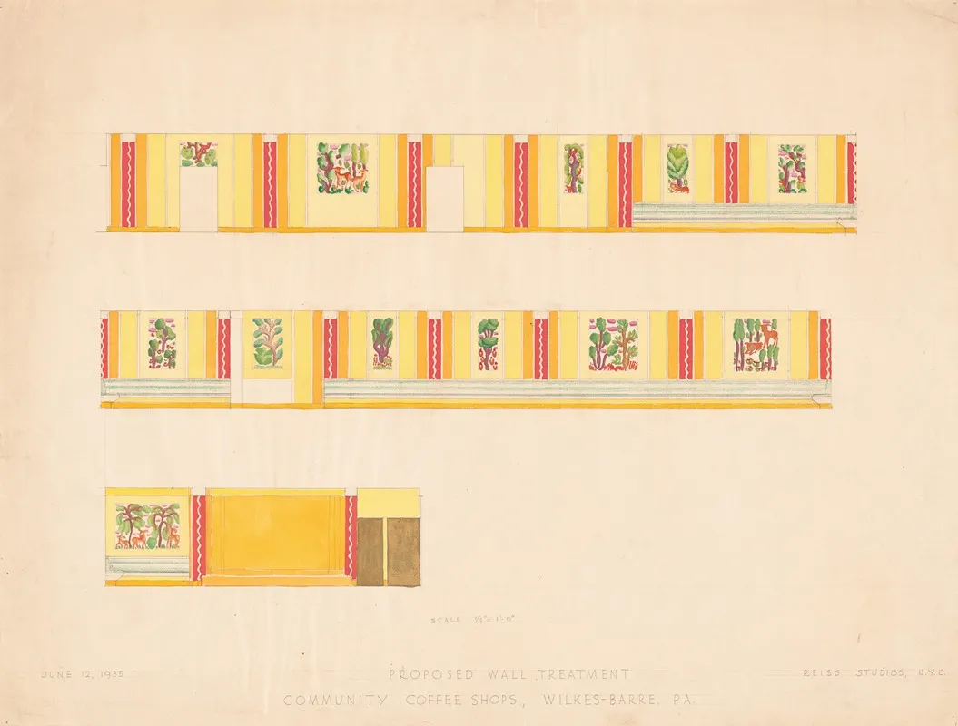 Design Drawings For Community Coffee Shops Wilkes Barre Pa Proposed Wall Treatment Interior Elevation Color Study With Bosky Murals Wall Art by Winold Reiss - High-Resolution Digital Print