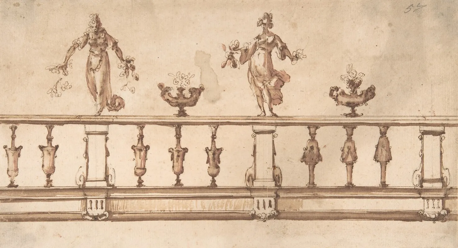 Design For A Balustrade With Female Figures And Urns Wall Art by Giulio Parigi - High-Resolution Digital Print
