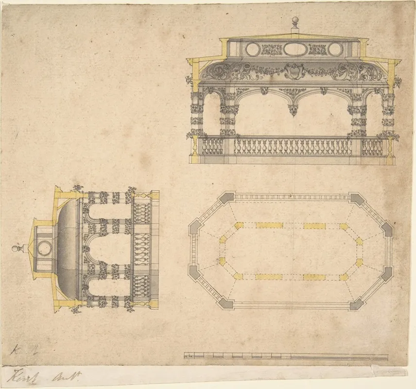 Design For A Bath In The Form Of An Elongated Polygonal Temple Plan And Two Elevations Wall Art by John Vardy - High-Resolution Digital Print