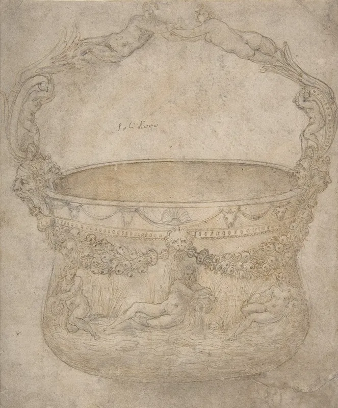 Design For A Bucket Like Vessel With A Handle Of Interlaced Figures On A Body Adorned With Bucrania Garlands And Three River Gods
