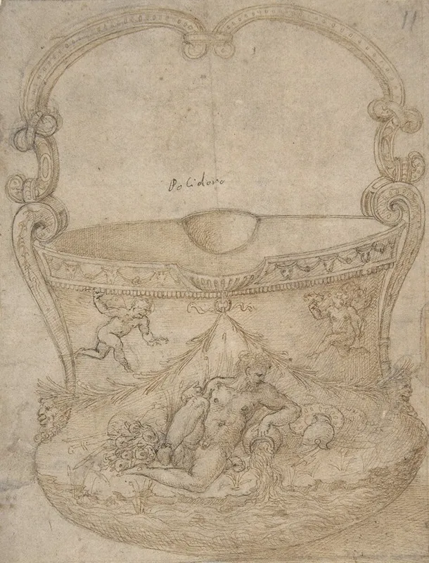 Design For A Bucket Like Vessel With A Handle Of Non Figural Interlaces On A Body Adorned With A River God And Two Putti