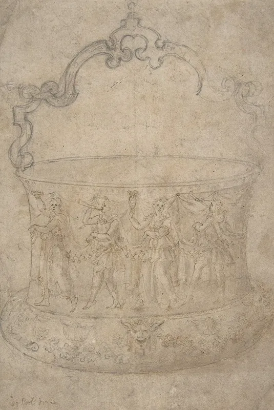 Design For A Bucket Like Vessel With A Handle Of Strapwork On A Body Adorned With Dancing And Music Making Antique Style Figures