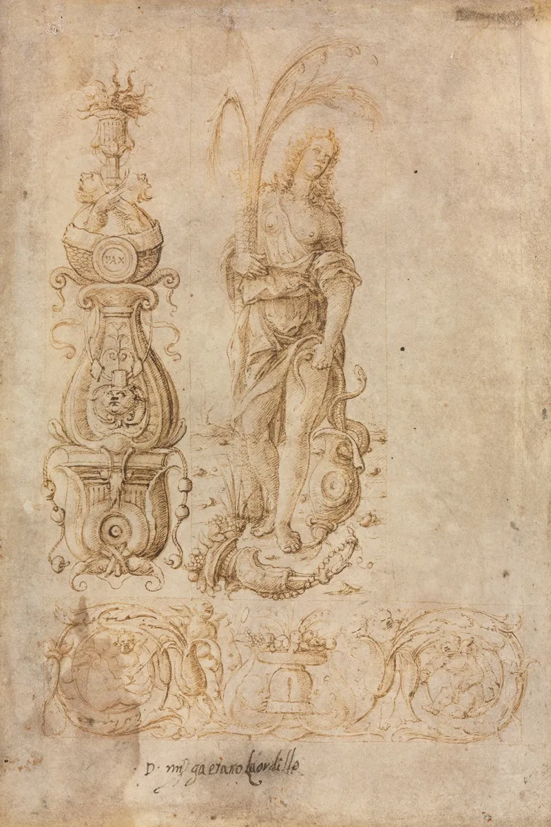 Design For A Candelabrum Allegorical Figure Of Abundance Ornamental Relief Design Wall Art by Bernardo Parentino - High-Resolution Digital Print