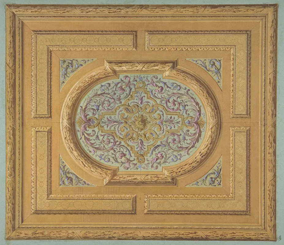 Design For A Ceiling Decorated With Bands Of Oak Leaves And A Central Panel Of Scrolls And Rinceaux