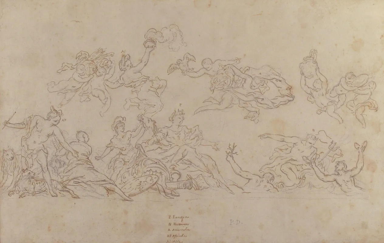 Design For A Ceiling Decoration With Neptune And Allegories Of The Four Continents Wall Art by Pietro Dandini - High-Resolution Digital Print