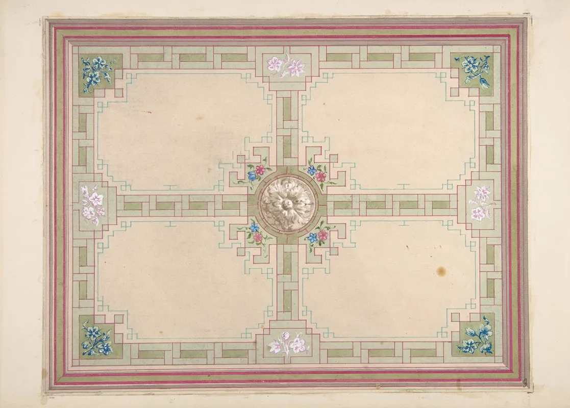 Design For A Ceiling With Floral Accents And Greek Key Border