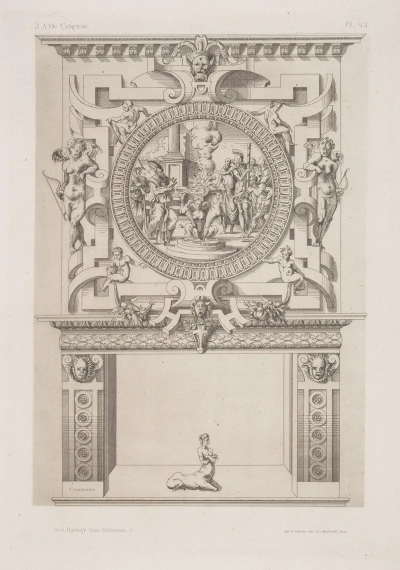 Design For A Chimney Piece With Roundel Of Group Surrounding A Fire Possibly A Religious Ceremony
