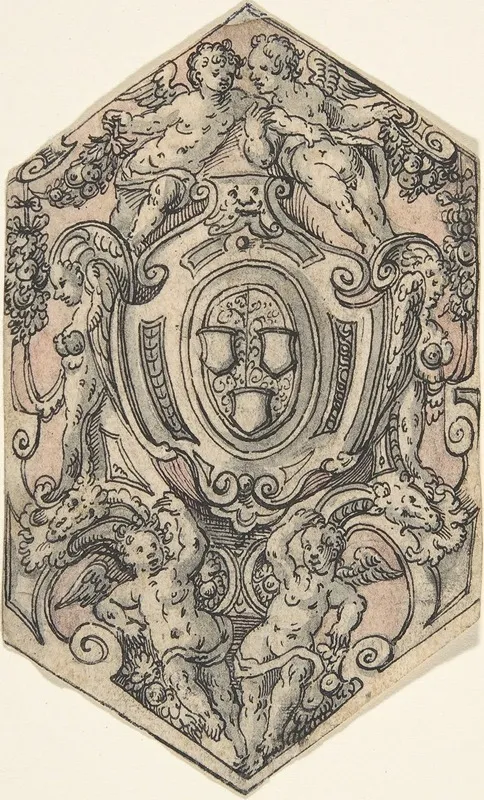 Design For A Coat Of Arms With Putti Holding Garlands Wall Art by Tobias Stimmer - High-Resolution Digital Print