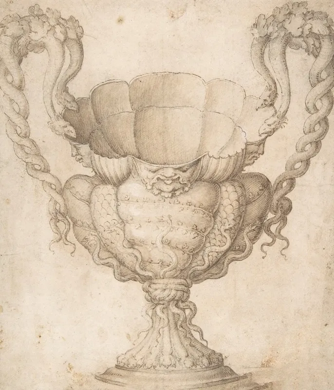 Design For A Decorated Drinking Cup With Floriated Heads Around Large Mouth Intertwined Serpents As Handles