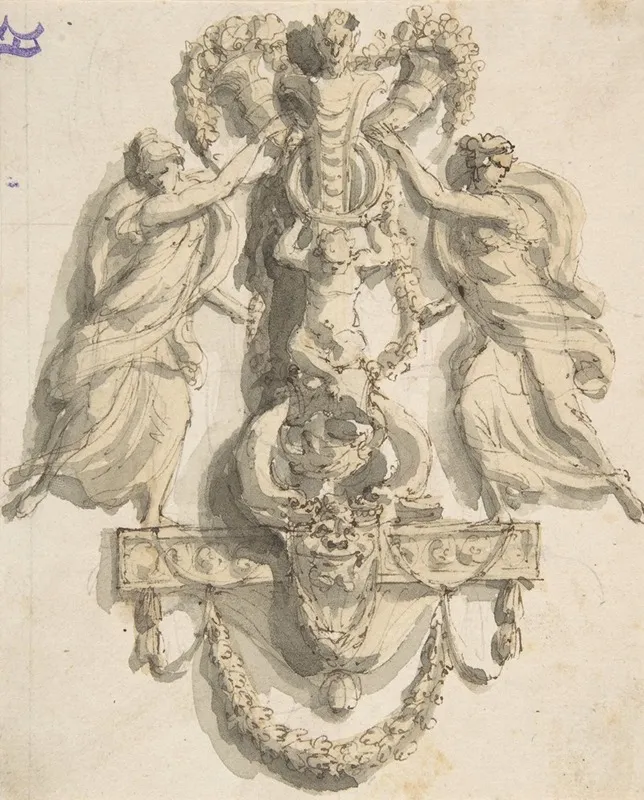 Design For A Door Knocker With Two Nymphs Wall Art by Giacomo Rossi - High-Resolution Digital Print