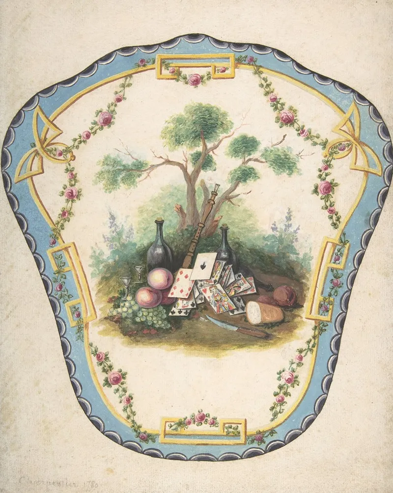 Design For A Firescreen With Picnic Scene And Playing Cards Wall Art by Eugène Charpentier - High-Resolution Digital Print