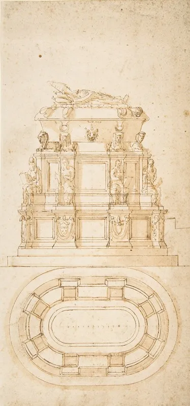 Design For A Freestanding Tomb Seen In Elevation And Plan Wall Art by Antonio da Sangallo the Younger - High-Resolution Digital Print