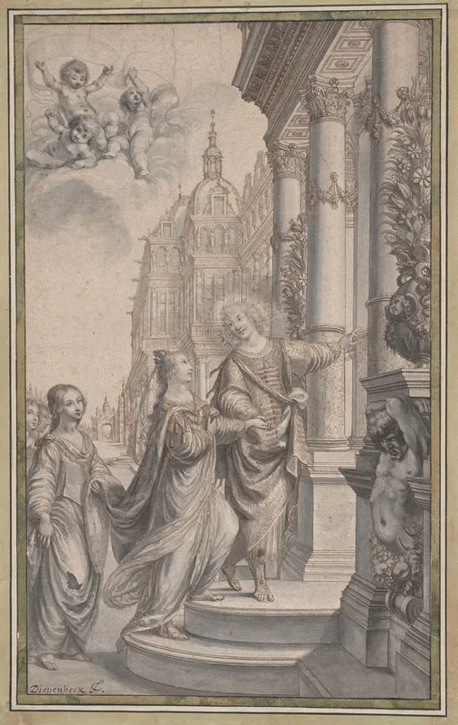 Design For A Frontispiece A Man Guiding A Crowned Woman And Her Attendants To The Entrance Of A Palace Wall Art by Grégoire Huret - High-Resolution Digital Print