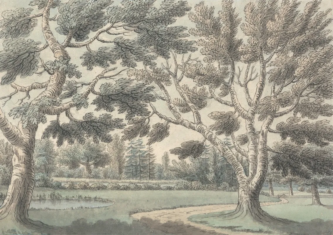 Design For A Landscape Garden With Ponds Seen Through Trees Wall Art by James Spyers - High-Resolution Digital Print