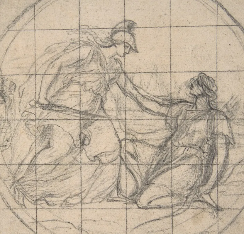 Design For A Medallion Huntress Kneeling Before An Armed Goddess