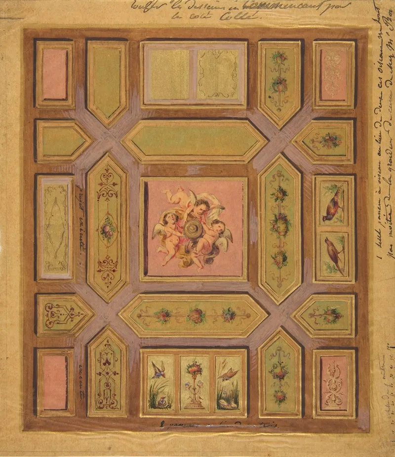 Design For A Paneled Ceiling Painted With Putti Birds And Floral Motifs On Tracing Paper Mounted On Wove Paper