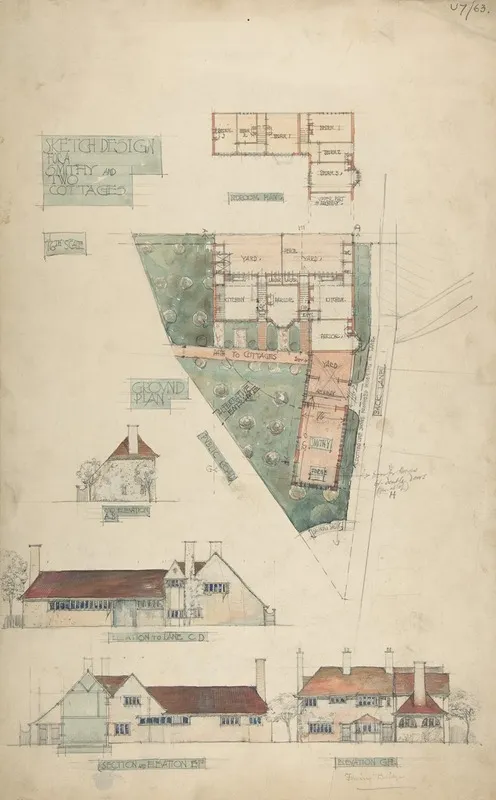 Design For A Smithy And Two Cottages Wall Art by Charles Edward Mallows - High-Resolution Digital Print
