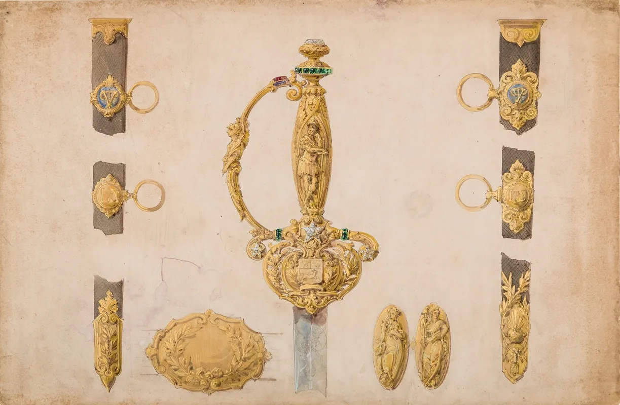 Design For A Sword Hilt Scabbard And Belt Fittings Wall Art by Eugène Julienne - High-Resolution Digital Print