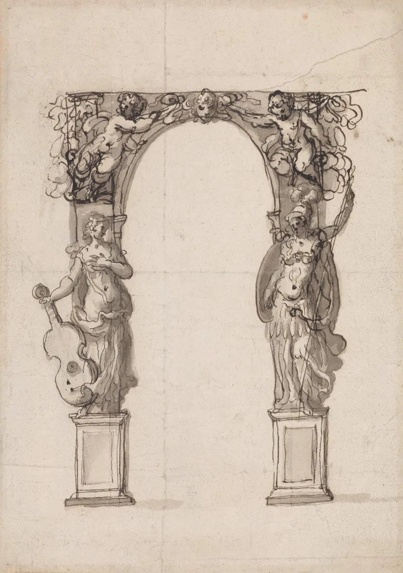 Design For A Temporary Arch Ornamented With Putti And Allegorical Figures Of Music And War Wall Art by Inigo Jones - High-Resolution Digital Print