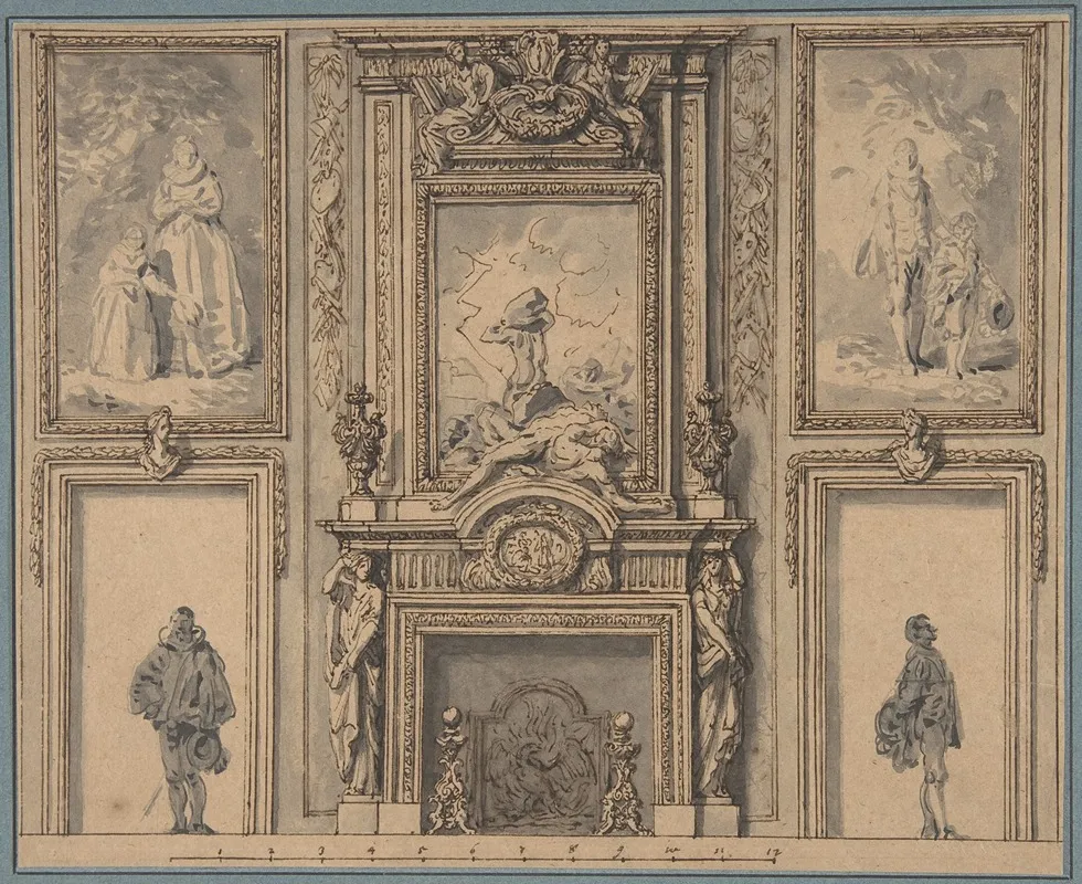 Design For A Wall Decoration With Chimneypiece And Two Figures Wall Art by Antoine Le Pautre - High-Resolution Digital Print