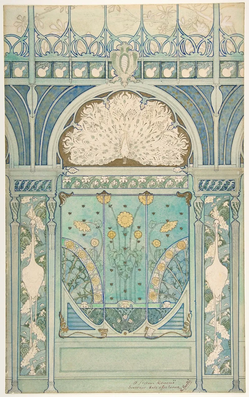 Design For A Wall Decoration With Peacock Cranes And Sunflowers For The Restaurant In Hotel Langham Paris Wall Art by Emile Hurtré - High-Resolution Digital Print