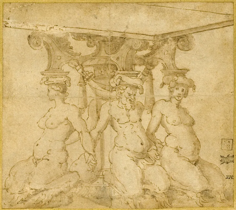 Design For An Ornamental Base With Kneeling Satyresses And Satyr Wall Art by Circle of Marco Marchetti - High-Resolution Digital Print