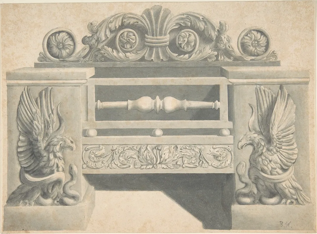 Design For Cast Iron Grate In Rococo Style With Putti Fire Dogs Wall Art by Benjamin Dean Wyatt - High-Resolution Digital Print