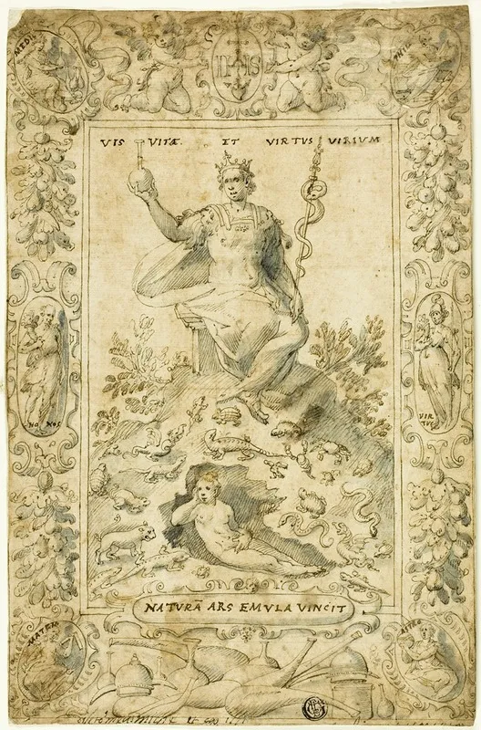Design For Emblematic Frontispiece Natura Ars Emula Vincit Wall Art by Circle of Giovanni Guerra - High-Resolution Digital Print