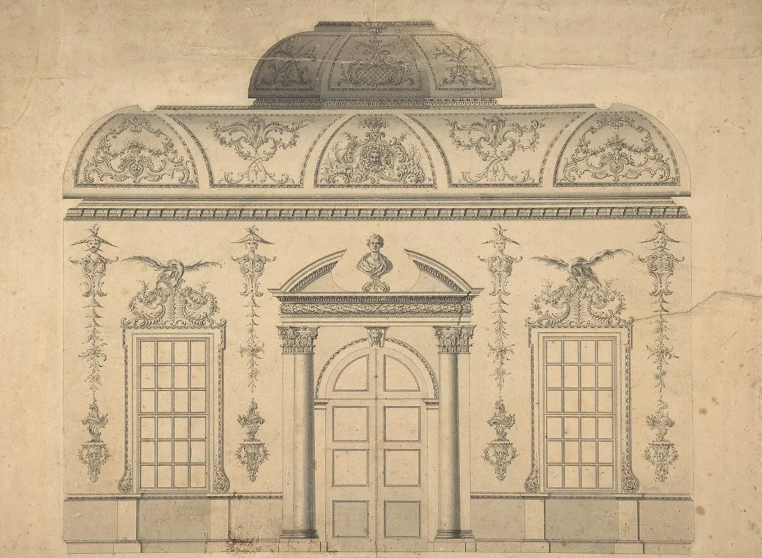 Design For The Decoration Of The Window Door Wall Of A Rococo Room With A Coved Ceiling And Coved Central Fanlight Wall Art by Thomas Lightoler - High-Resolution Digital Print
