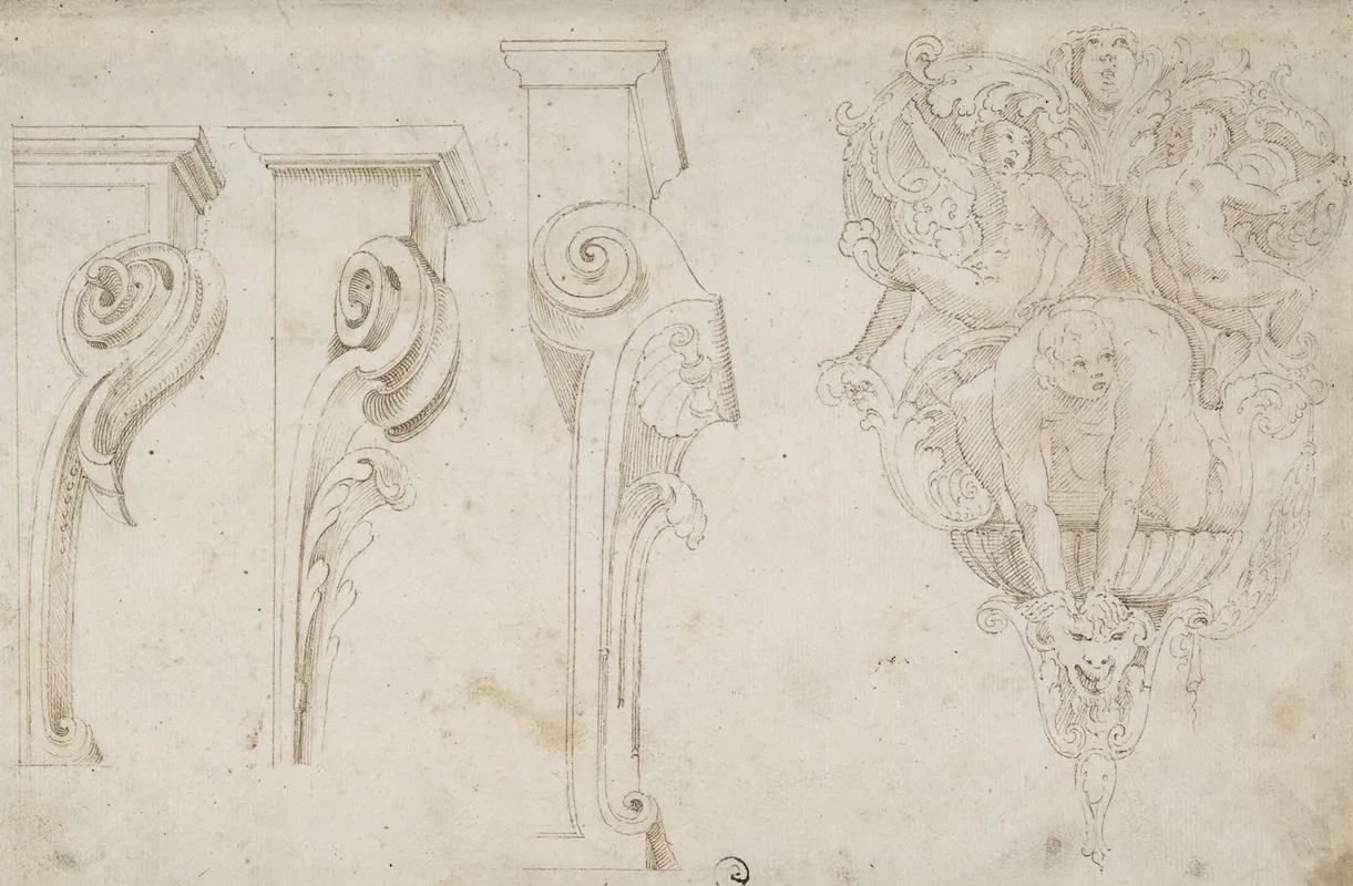 Design For Three Consoles Decorated With Foliage And Volutes And A Console With A Satyr Head Surmounted By Three Human Figures Garland And Foliage Wall Art by Agostino Mitelli - High-Resolution Digital Print