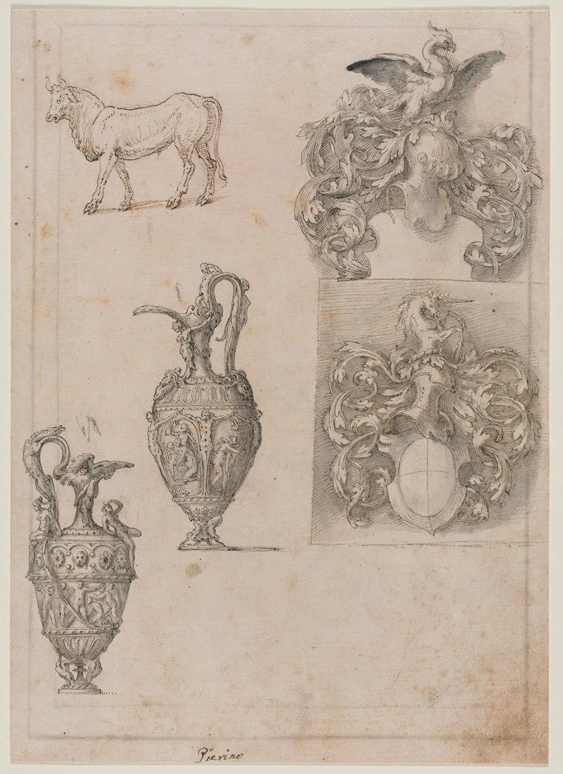 Design For Two Vases Two Coats Of Arms And A Bull
