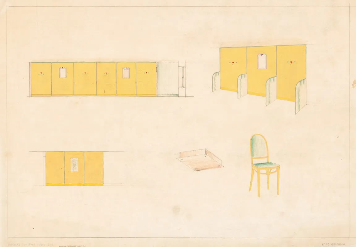 Design For Unidentified Caf With Green And Yellow Trim Design With Tulip Stencils Upholstered Bentwood Chair In Green And Yellow Color Scheme Wall Art by Winold Reiss - High-Resolution Digital Print