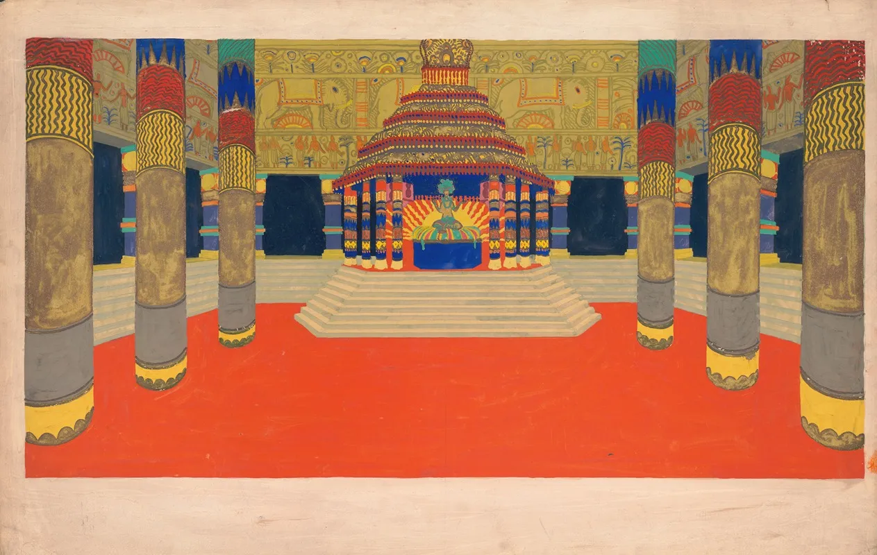 Design For Unidentified Interior Drawing Of Columned Hall With Altar On A Stepped Plinth And Decorative Frieze Featuring Elephants Wall Art by Winold Reiss - High-Resolution Digital Print