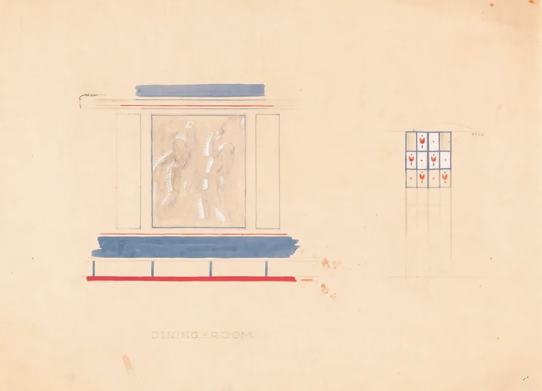 Design For Unidentified Restaurant Interior In Blue And Vermillion With Mural Featuring 2 Female Nudes And Panel With Tulip Inserts Drawing For Dining Room Wall Art by Winold Reiss - High-Resolution Digital Print
