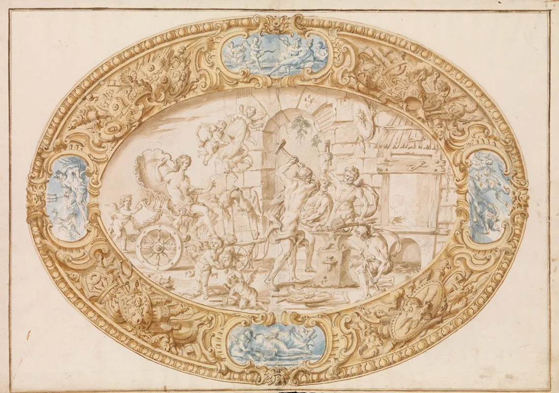 Design Full Scale Working Drawing For A Large Oval Silver Dish With Silver Gilt Border Showing Vulcans Forge Wall Art by Giovanni Giardini - High-Resolution Digital Print
