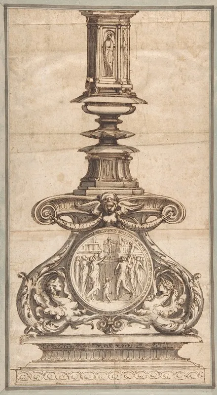 Design Of A Candlestick With Winged Figures At Base Surrounding Scenic Medallion
