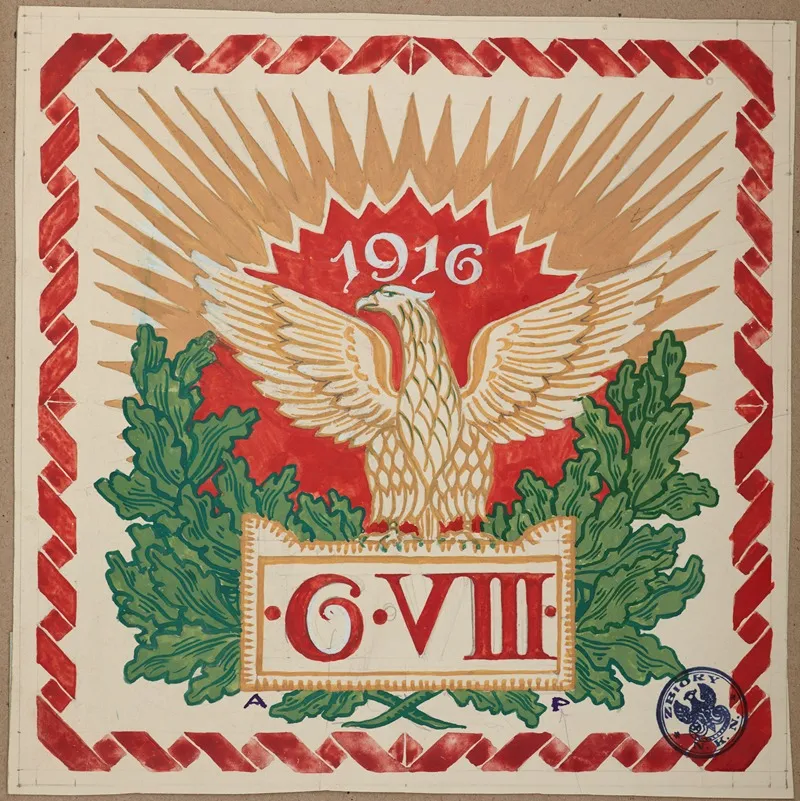 Design Of The Occasional Sticker Commemorating The Second Anniversary Of The March Of The Cadre Company Wall Art by Antoni Stanisław Procajłowicz - High-Resolution Digital Print