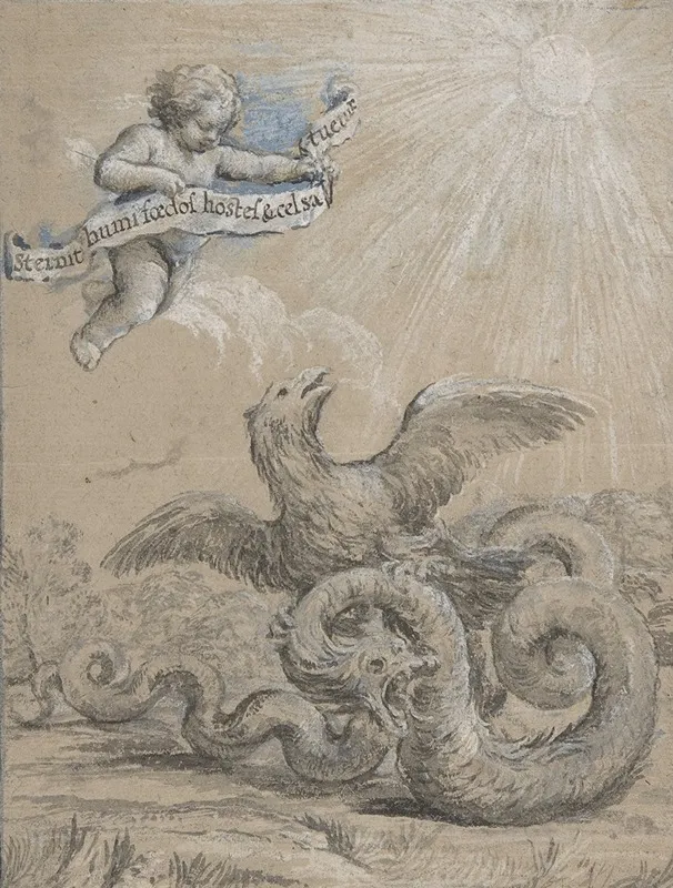 Design With An Eagle Fighting With A Serpent And A Putto In The Sky Holding An Inscribed Banner