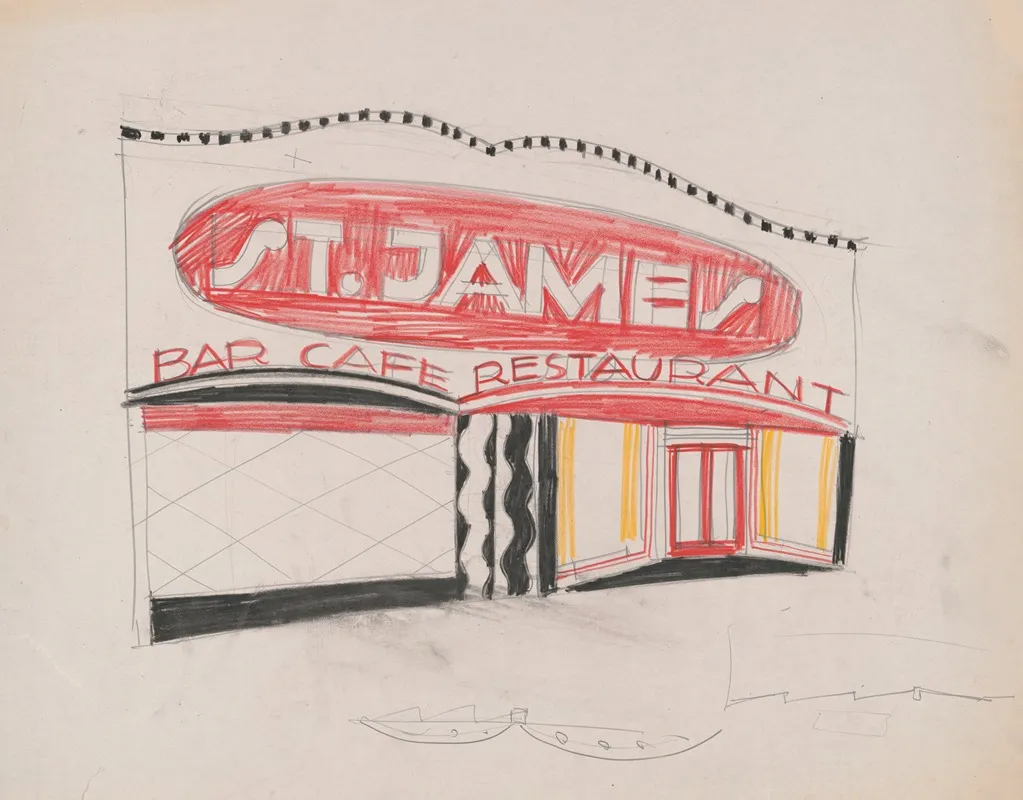 Designs And Photographs For Alterations To St James Bar Restaurant W 181st St And Broadway New York Ny Sketch For Exterior Perspective Elevation And Plan Wall Art by Winold Reiss - High-Resolution Digital Print