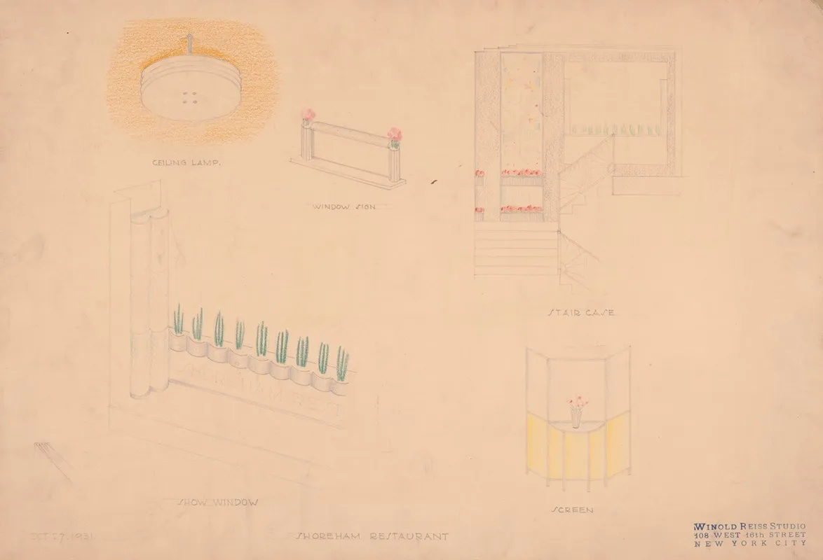 Designs For Interior Of Shoreham Restaurant Perspectives And Elevations For Ceiling Lamp Show Window Window Sign Staircase And Screen Renderings Wall Art by Winold Reiss - High-Resolution Digital Print