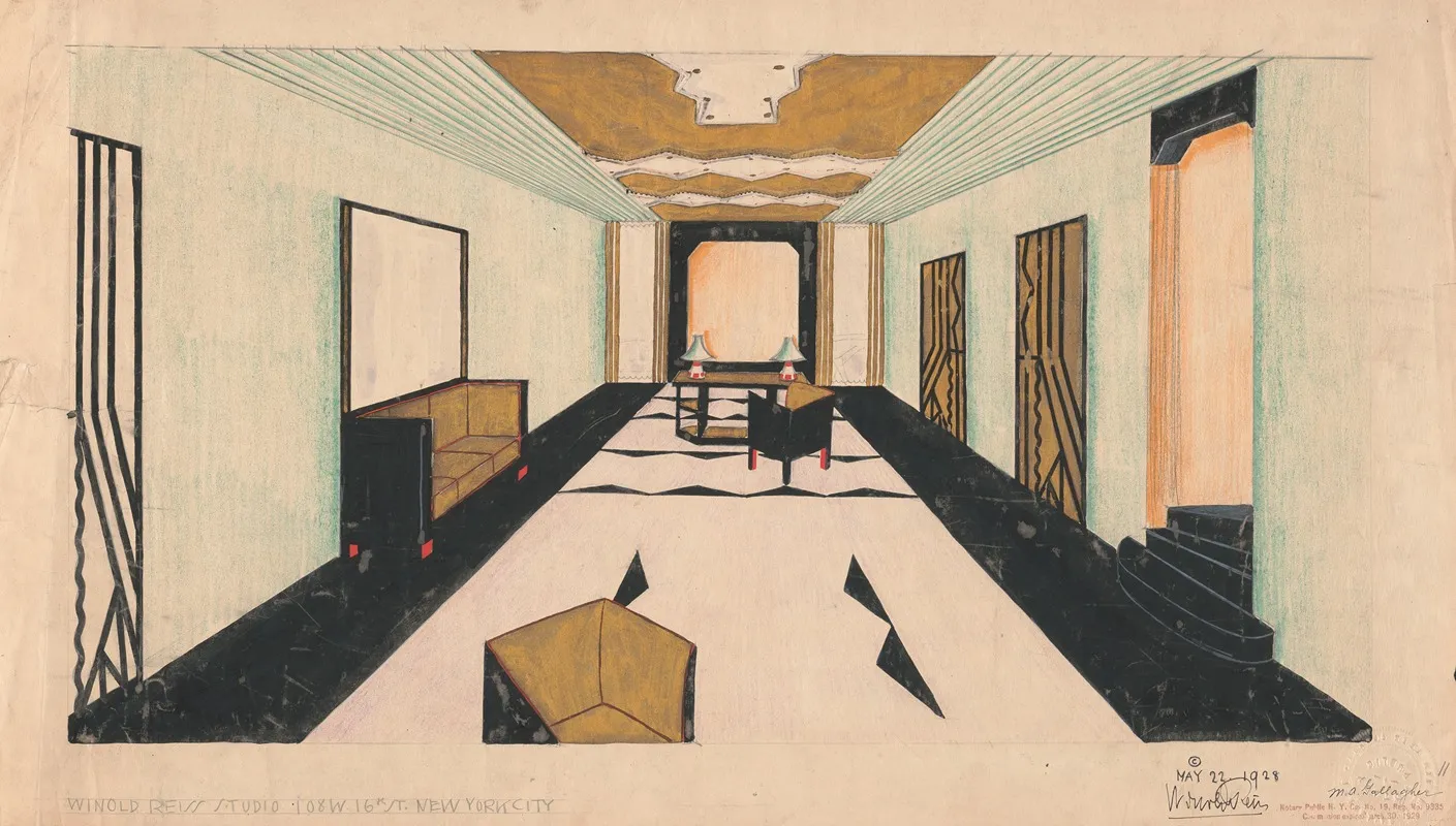 Designs For Shellball Apartments 8300 Talbot St At Lefferts Blvd Kew Gardens New York Ny Perspective Drawing Of Lobby Wall Art by Winold Reiss - High-Resolution Digital Print