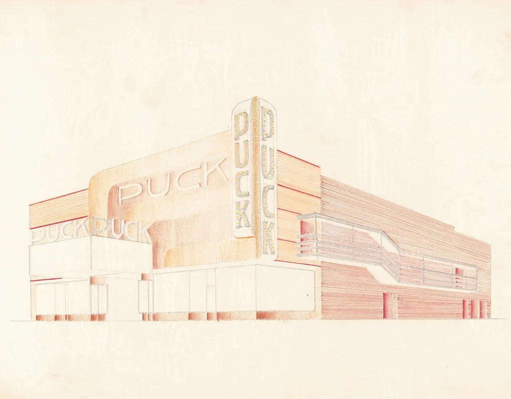 Designs For The Puck Theater Later Elgin Movie Theater Then Joyce Movie Theater New York Ny Exterior Perspective Study 4 Wall Art by Winold Reiss - High-Resolution Digital Print