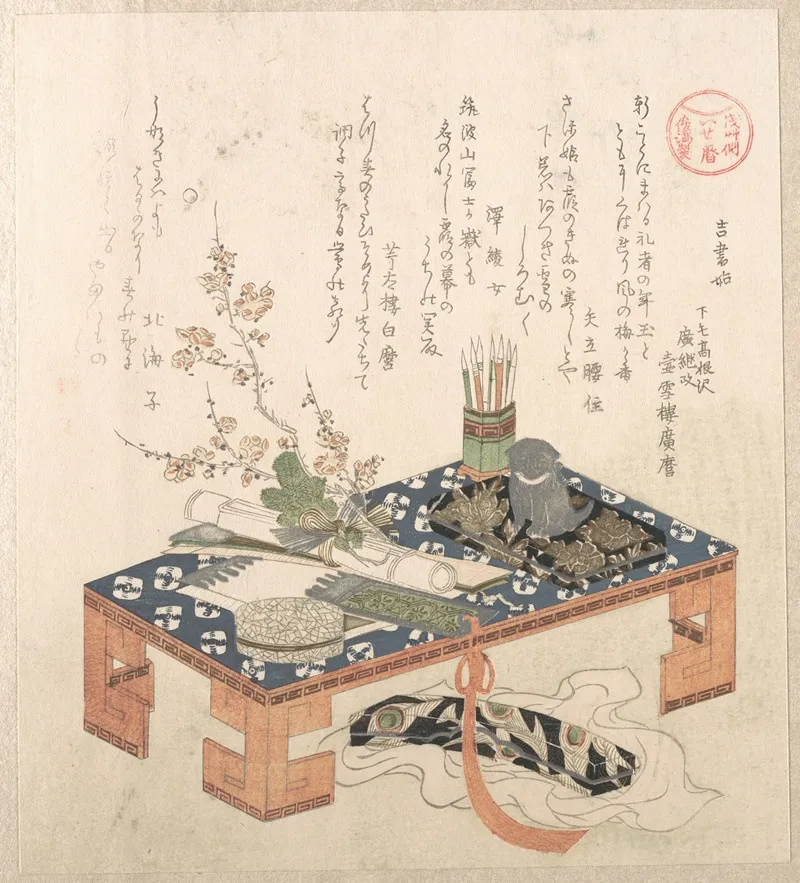 Desk With Writing Set And Plum Flowers