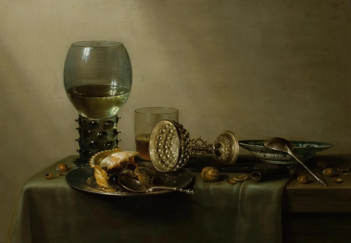 Dessert Still Life With Cake Wine Beer And Nuts Wall Art by Willem Claesz Heda - High-Resolution Digital Print