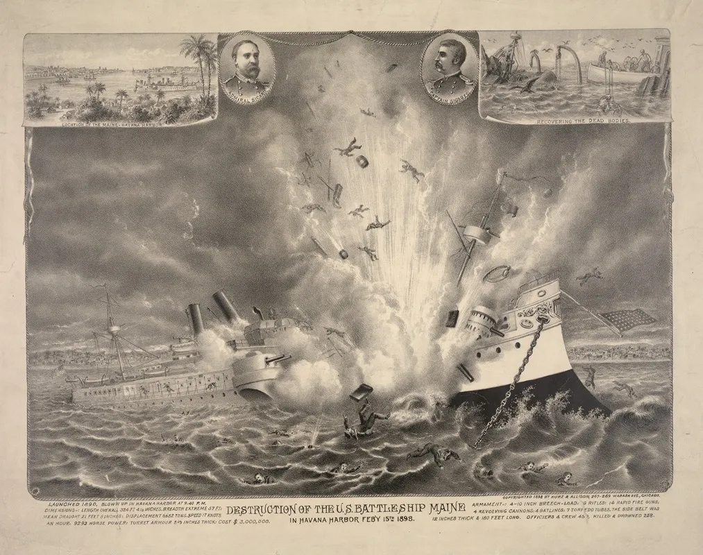 Destruction Of The U S Battleship Maine In Havana Harbor Feby 15th 1898 Wall Art by Kurz & Allison - High-Resolution Digital Print