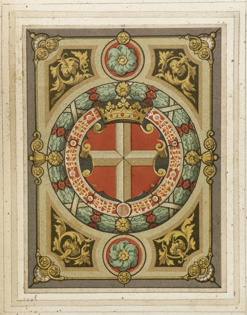Detail De Vitrail A Motifs Heraldiques Ecusson A Croix Blanche Sur Fond Rouge Couronne Ducale Wall Art by Laurent Gsell - High-Resolution Digital Print