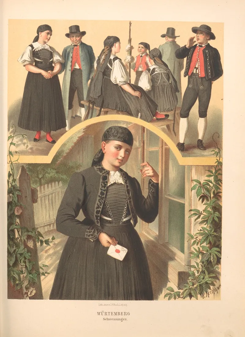 Deutsche Volkstrachten Pl 45 Wall Art by Albert Kretschmer - High-Resolution Digital Print