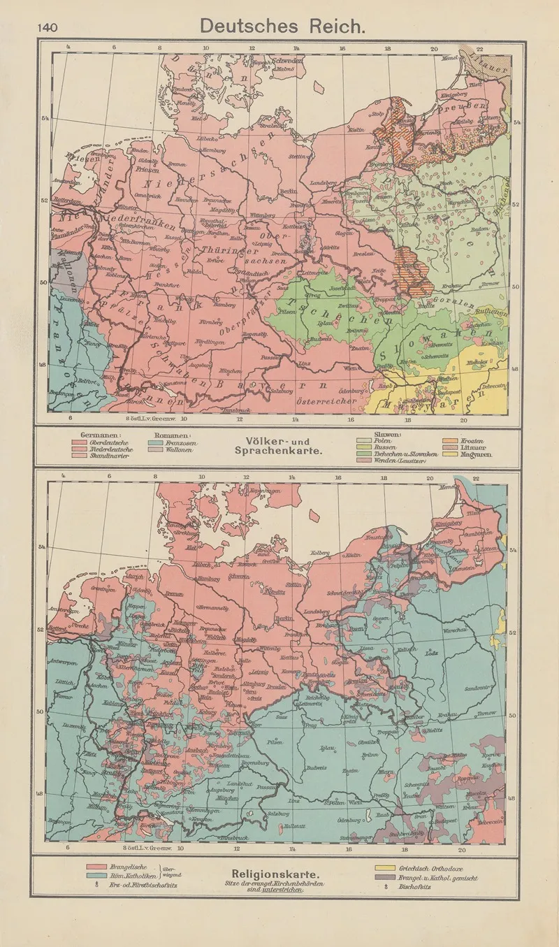 Deutsches‎ ‎reich Volker ‎ ‎und‎ ‎sprachenkarte ‎ ‎ ‎ ‎religionskarte Wall Art by Carl Diercke - High-Resolution Digital Print