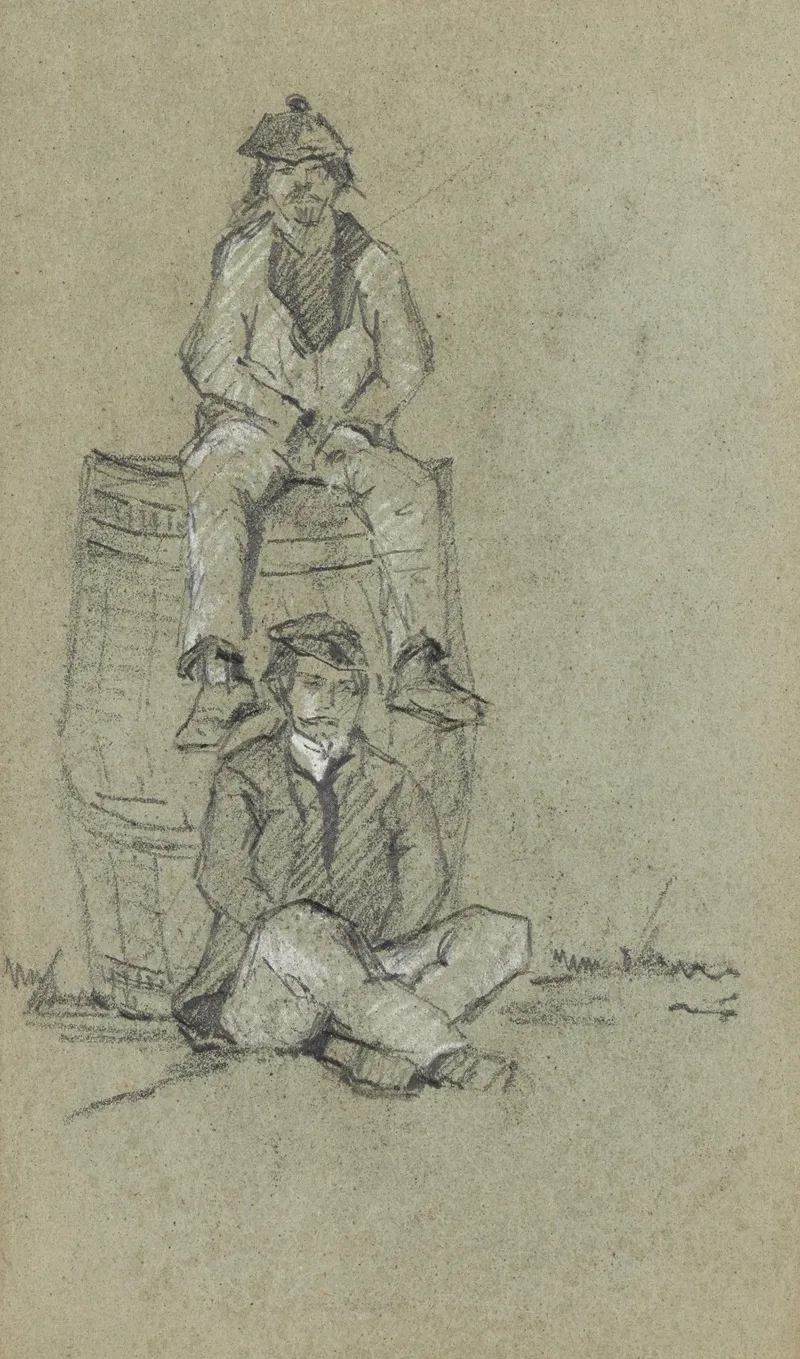 Deux Hommes Posant Sur Un Tonneau