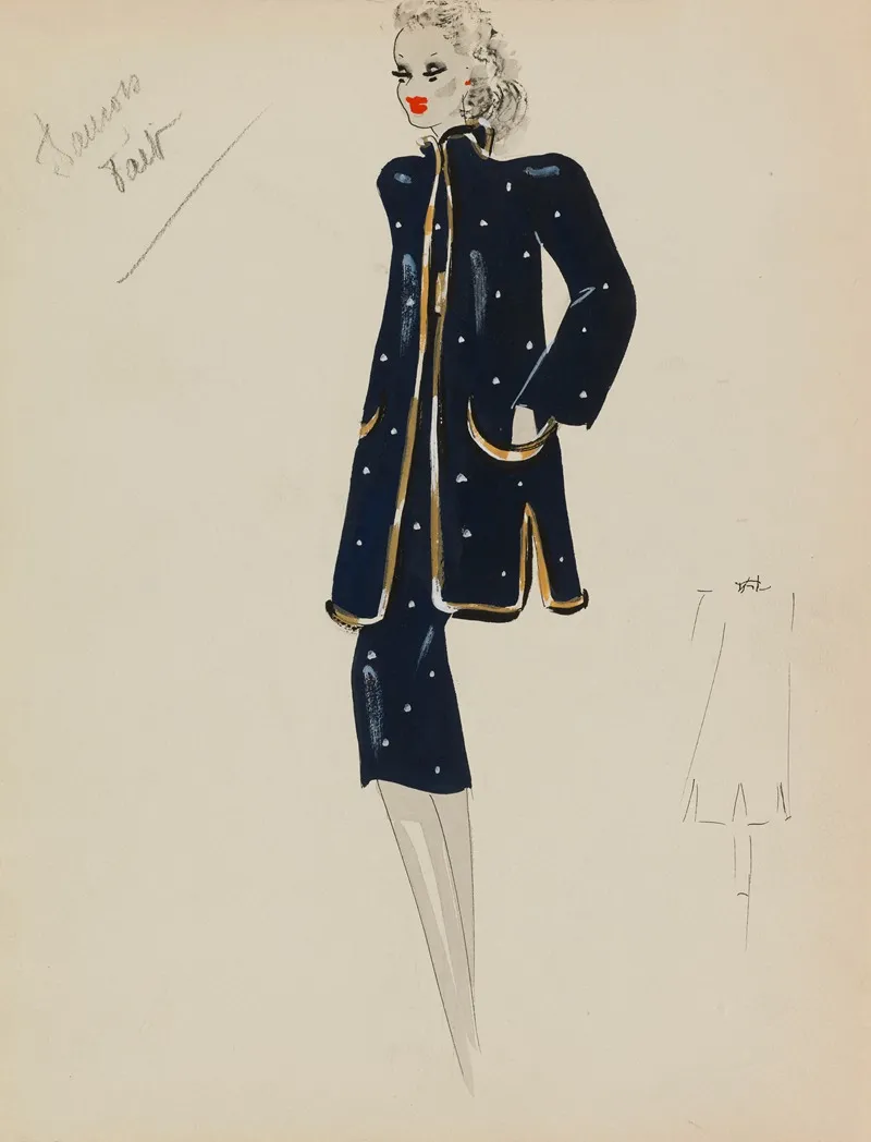 Deux Pieces Bleu Marine A Pois Blancs Et Bordure Doree Wall Art by M. P. Leven - High-Resolution Digital Print
